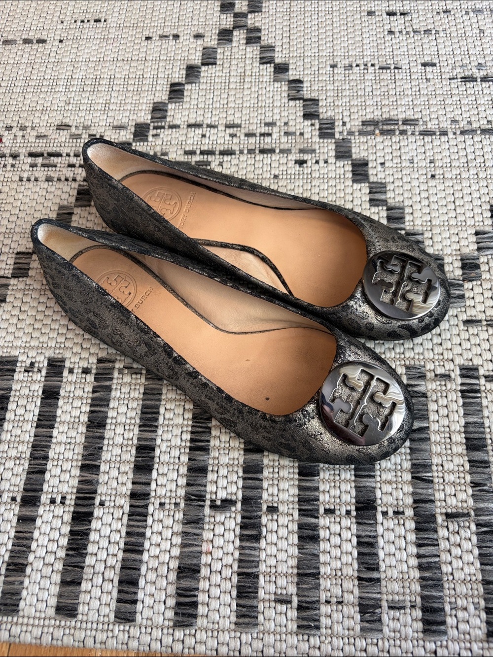 Tory Burch Gunmetal Metallic Miller Logo Ballet Flats